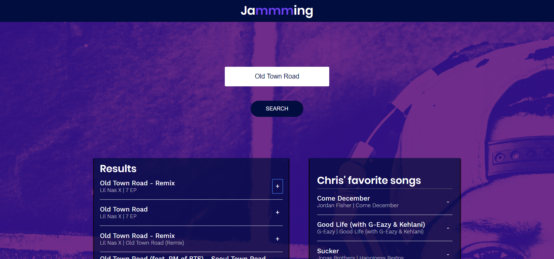 Picture of the Jammming Website. Here's the songs that are in the search results list and the songs that are in the playlist