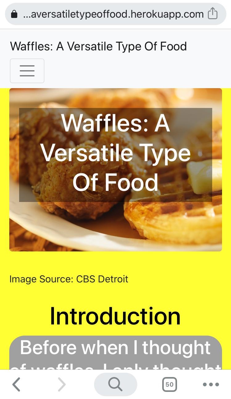 Here's a picture of my Waffles: A Versatile Type Of Food website on a mobile device