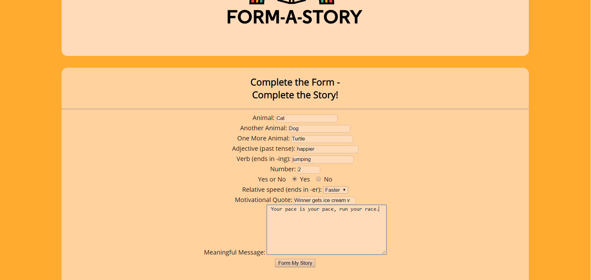 Picture of the form that you fill in to make a story.